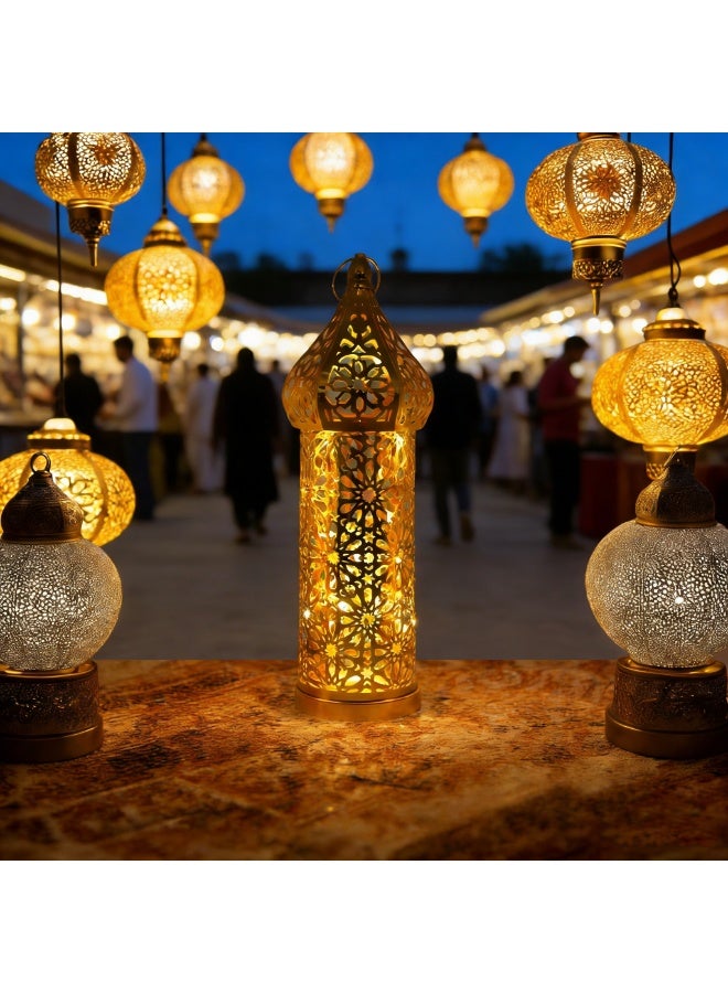 Moroccan Lanterns, Geometric Cutout Decorative LED Lights, Gold Metal Hanging Lanterns for Indoor Outdoor Home Decor, Table Centerpieces, Ramadan, Eid, Wedding Decorations, YB22-L - Image 4